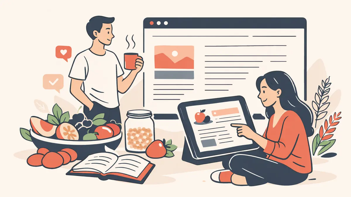 People reading nutrition articles with healthy foods around