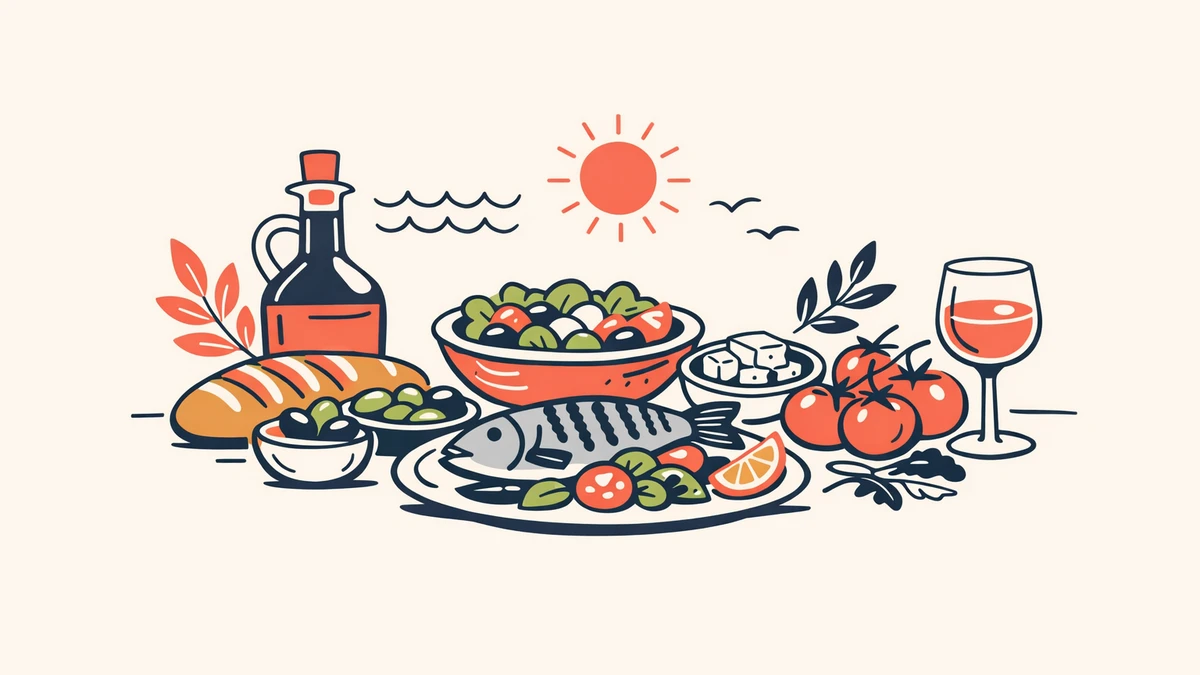 Healthy Mediterranean meal with fresh vegetables and olive oil