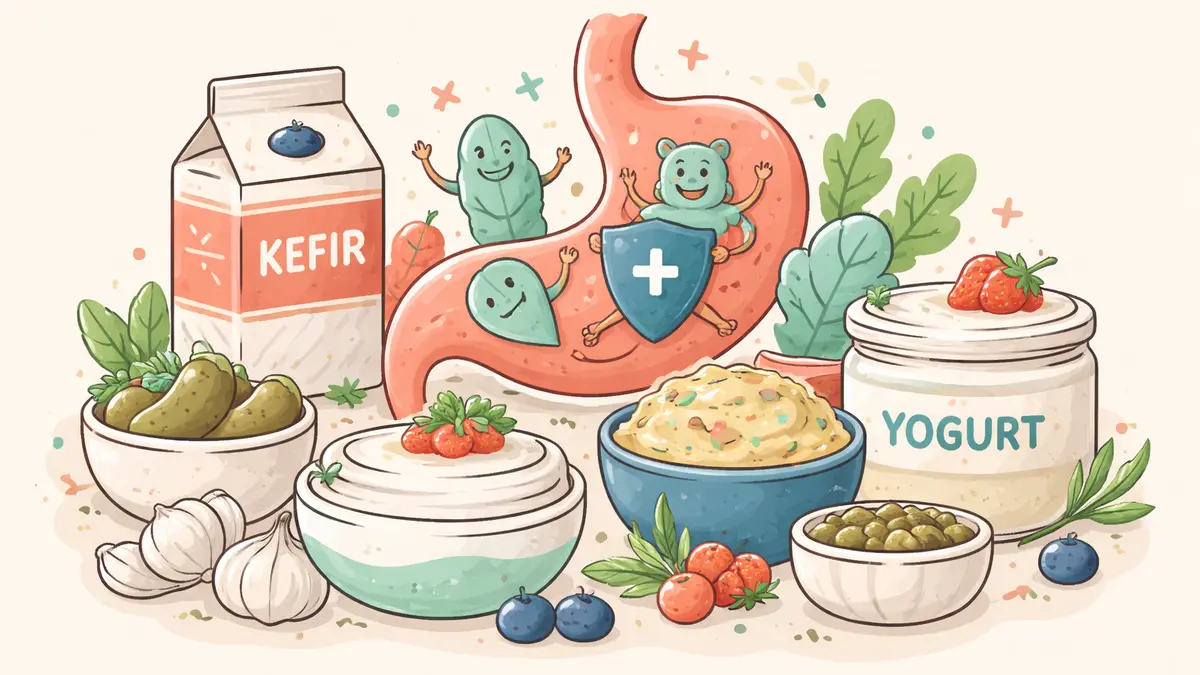 Illustration of gut health and probiotic foods