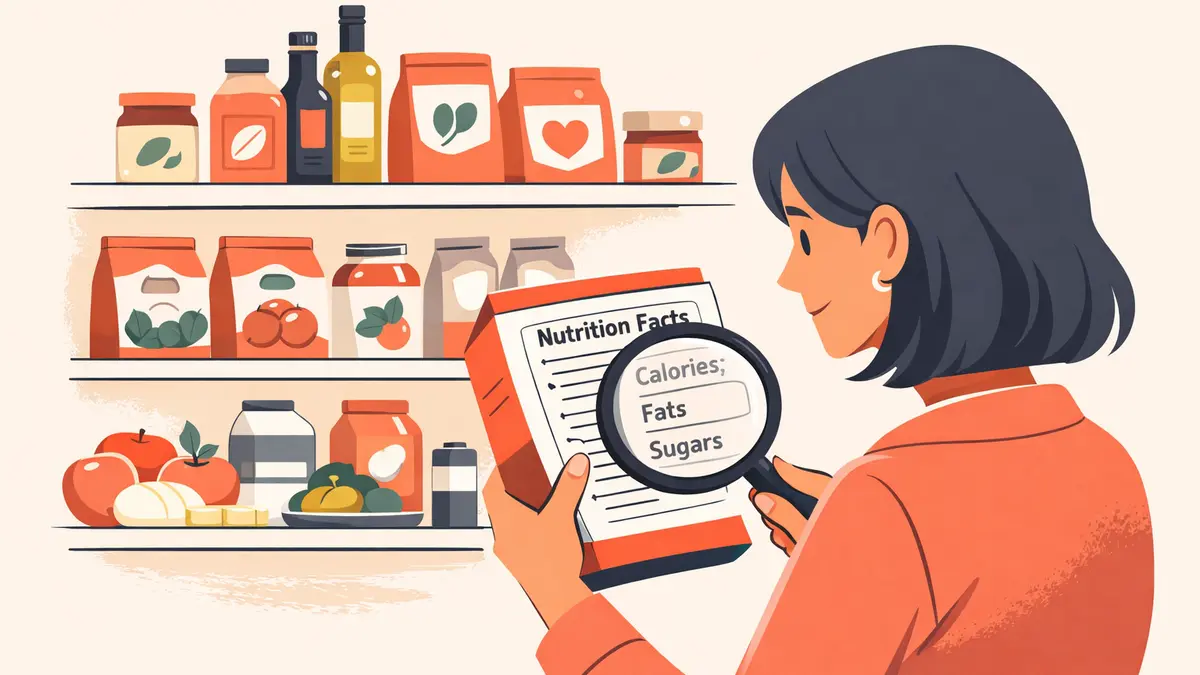 Person using a magnifying glass to read a nutrition label in a grocery store