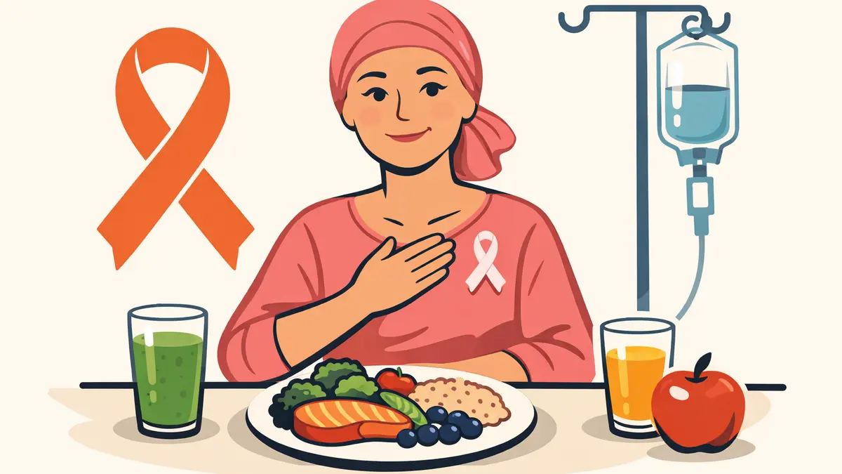 Cancer awareness ribbon and healthy foods