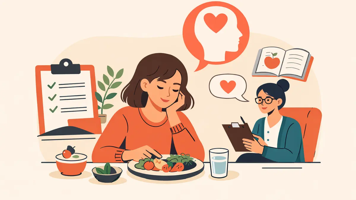 Person with balanced meal and supportive icons