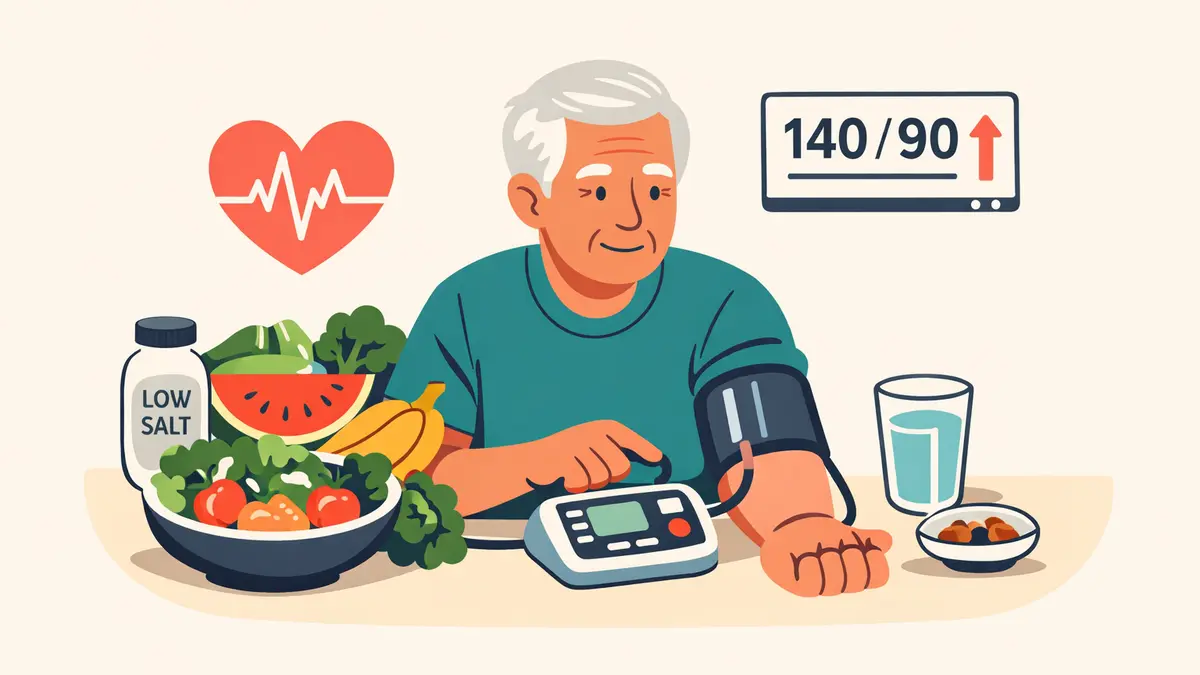 Person checking blood pressure with healthy foods