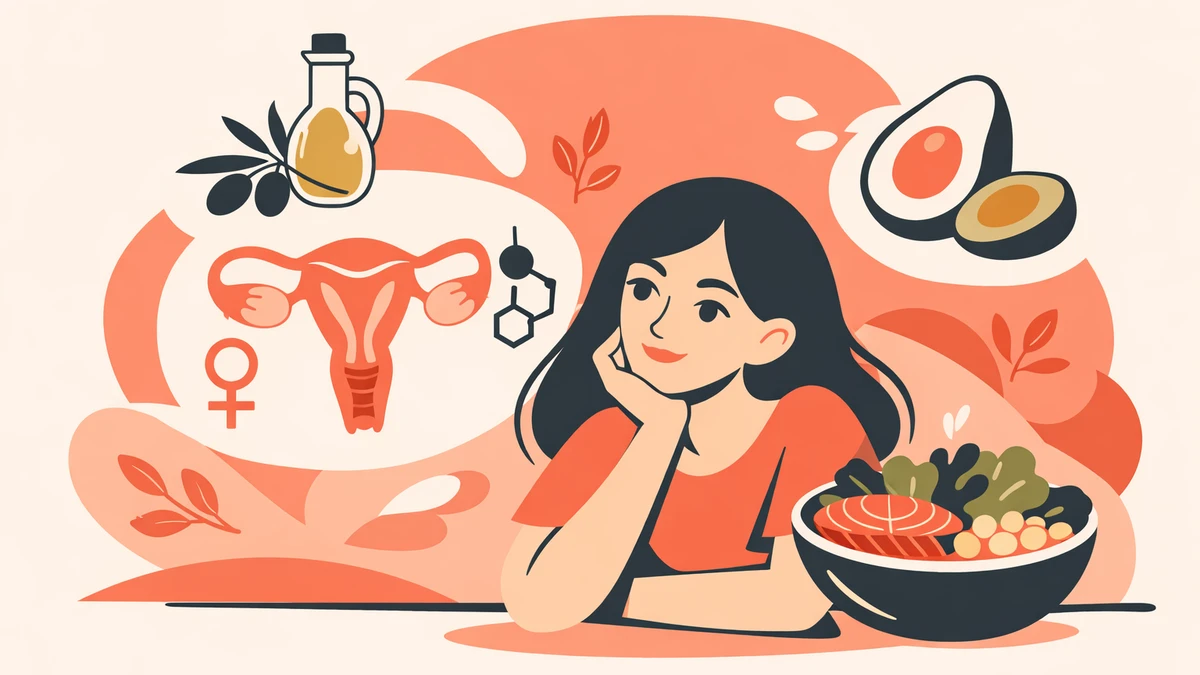 Woman with hormone symbols and healthy foods