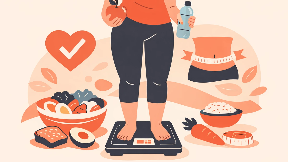 Person standing on a scale with balanced foods